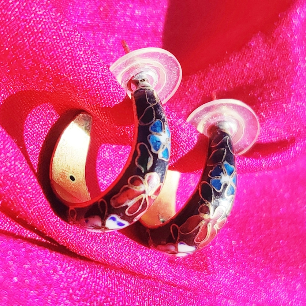 Cloisonne Golden Floral Half Hoop Earrings